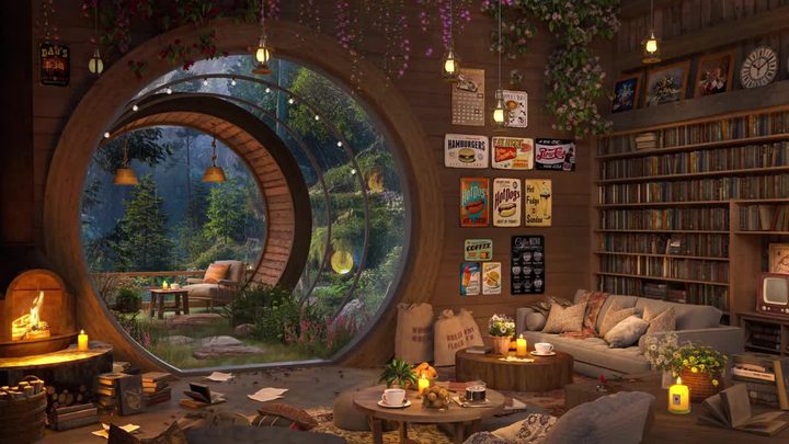 窗外雨声与壁炉